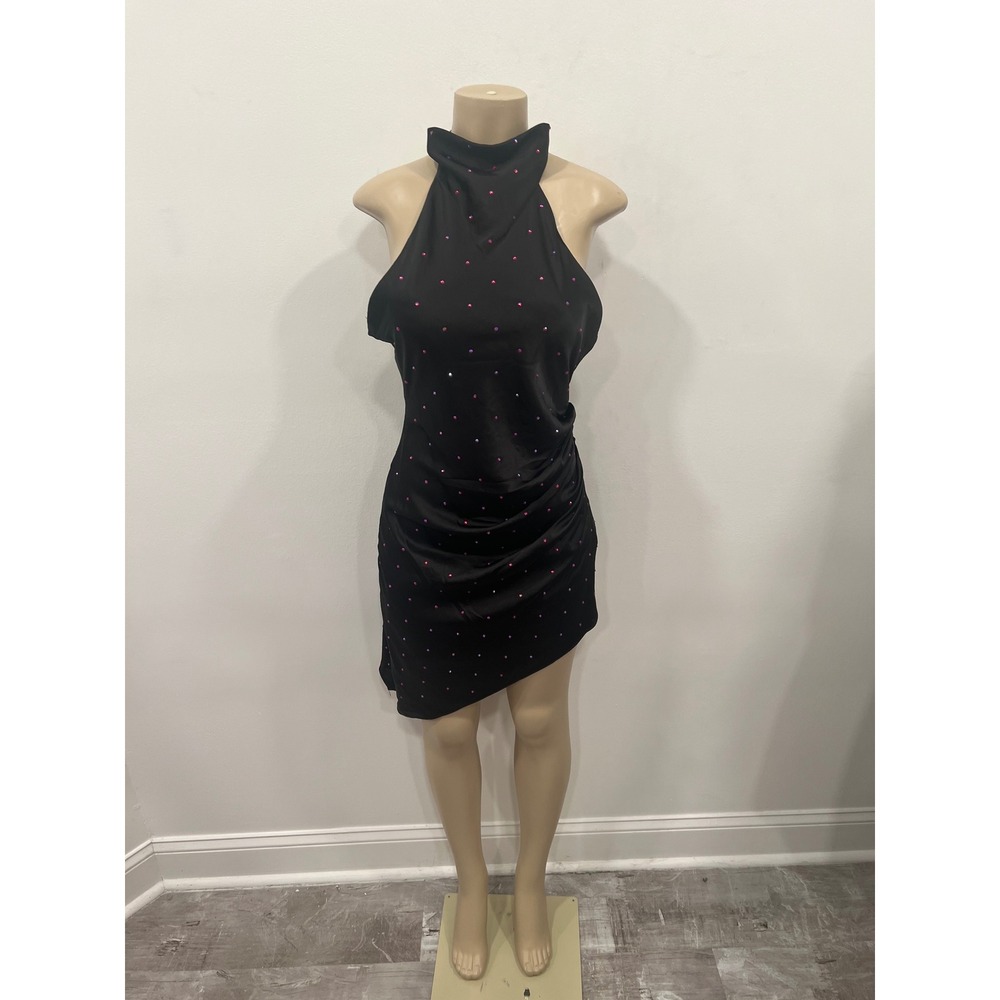 DO+BE Mini Dress Womens Medium Black Rhinestone Halter Asymmetrical Satin Party